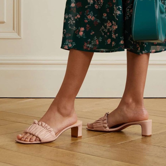 Reformation Shereen Ruched Leather Block Heel Mules Slide Serenade Pink NWOT 9.5 - Picture 1 of 10